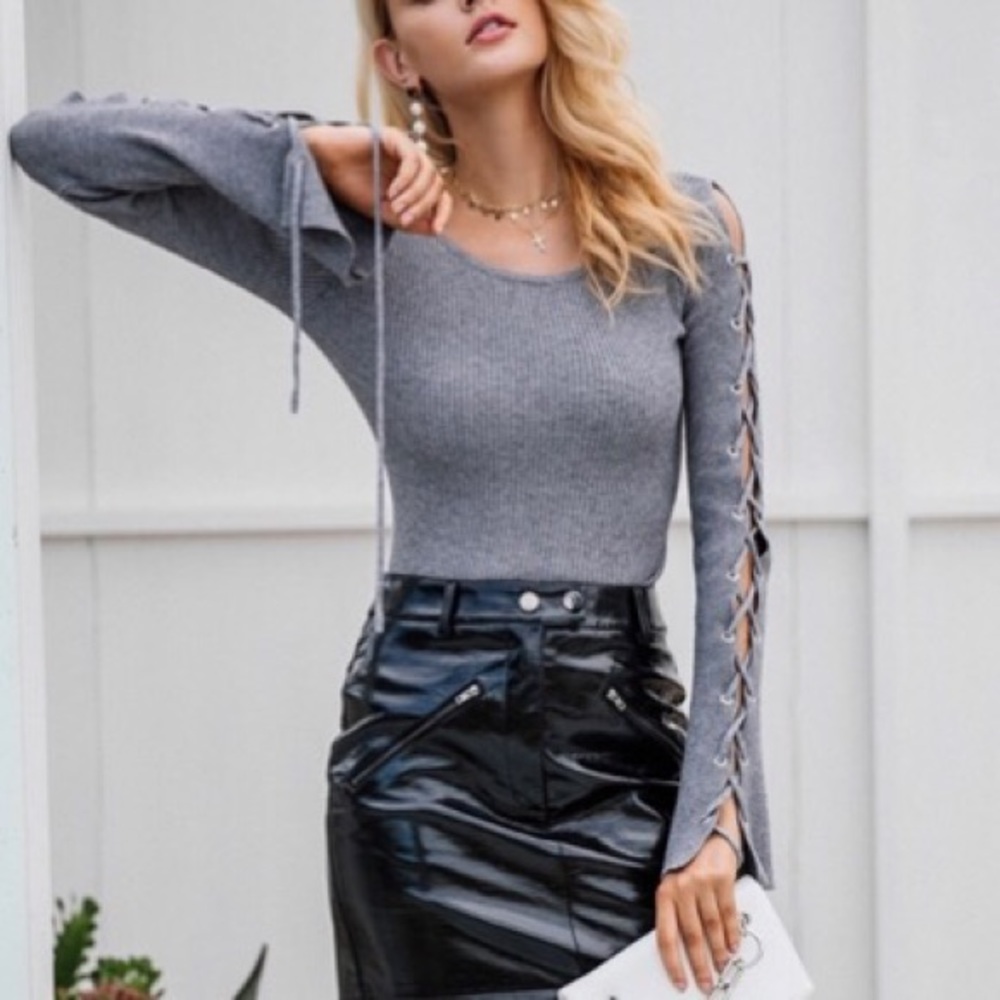 ‘Lyric’ Grey Lace Up Sleeve Sweater